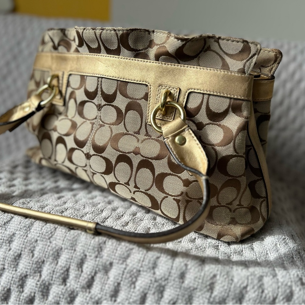 Coach Brown and Gold Shoulder Bag with Distinctive Pattern